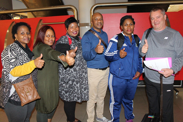 BON VOYAGE: Mrs Mbali Fraser MPL (in blue-tracksuit) and some members of the delegation were upbeat about the trip ahead.