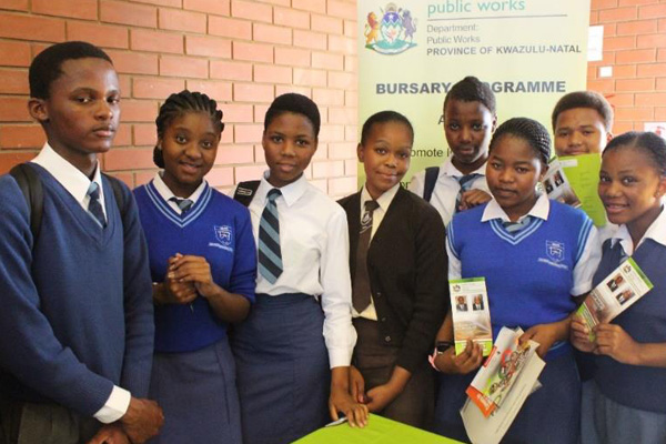 Attending the Career’s Expo: Newlands East Secondary School Learners in blue uniform (From Left to Right) Mhlengi Gasa, Rachel Nyathikazi, Ntobeko Ndabandaba, Sphumelele Shabane (from Nhlakanipho High School, in brown uniform), Sphokazi Mhlongo, Noluthando Khumalo, Samkelo Khanyile, Zamanguni Khuzwayo.