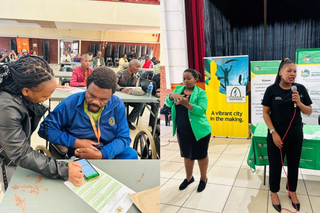 Ms Delisile Mncube Director Youth: Women; Persons with Disabilities and Military Veterans and the officials assisting the participants on how to download and operate the APP using their smartphones.